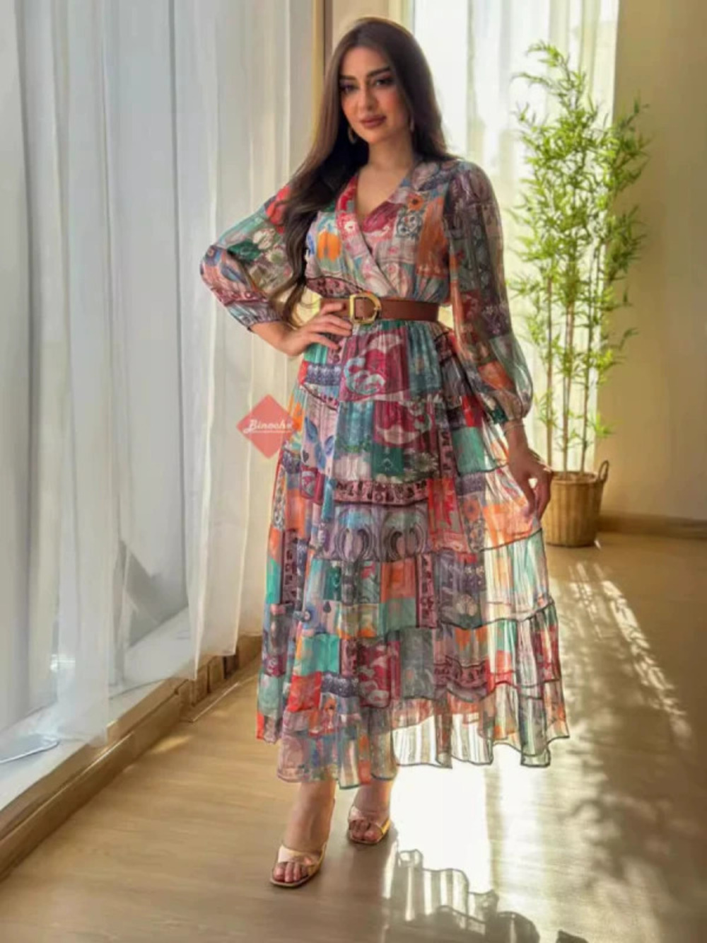 Spring Summer Sexy Chiffon Floral Print Flared Belt Party Evening Dress